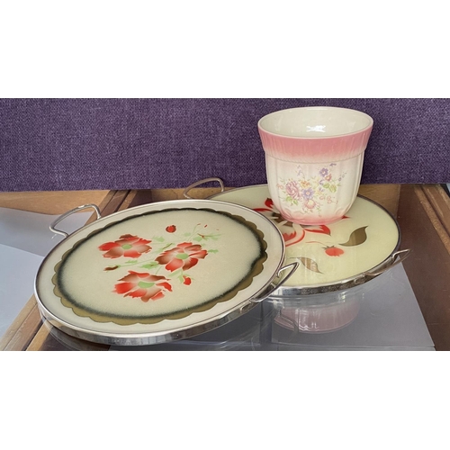 201 - x2 Round Floral Cake Plates Together with Small Planter Made in Romania