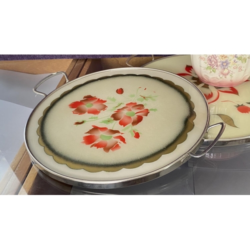 201 - x2 Round Floral Cake Plates Together with Small Planter Made in Romania