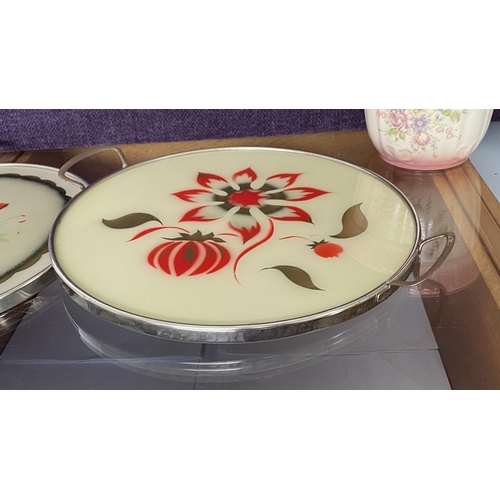 201 - x2 Round Floral Cake Plates Together with Small Planter Made in Romania