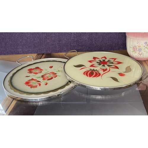 201 - x2 Round Floral Cake Plates Together with Small Planter Made in Romania