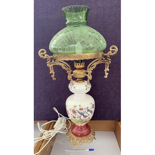 1 - Retro Large Beautiful French Style Porcelain Glass and Bronze Table Lamp with Green Glass Shade and ... 