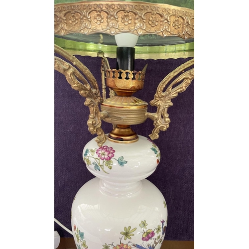 1 - Retro Large Beautiful French Style Porcelain Glass and Bronze Table Lamp with Green Glass Shade and ... 