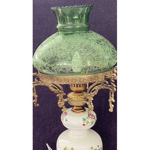 1 - Retro Large Beautiful French Style Porcelain Glass and Bronze Table Lamp with Green Glass Shade and ... 