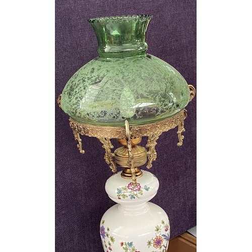 1 - Retro Large Beautiful French Style Porcelain Glass and Bronze Table Lamp with Green Glass Shade and ... 