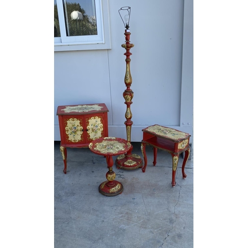 196 - Vintage 1950's Bedroom Furniture Painted in Red with Venetian Style Decorations To Include Free Stan... 