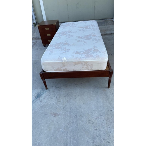 197 - Vintage Mid-Century Single Bed with Mattress and Bedside Table with Brass Corners (100 x 200cm)