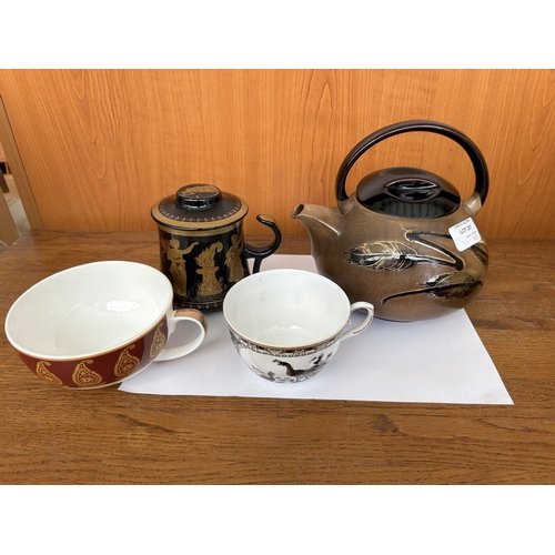 257 - Vintage Handmade Ceramic Tea Pot with 3 Assorted Decorative Cups