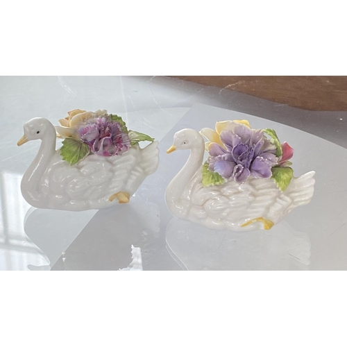 264 - x2 Vintage Staffordshire England Thorley Bone China Swan Figures with Flowers (Very Tiny Nicks Off P... 