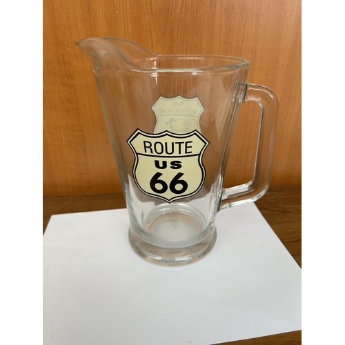 66 - Vintage Heavy Glass US Route 66 The Mother Road Qt Pitcher Made in USA