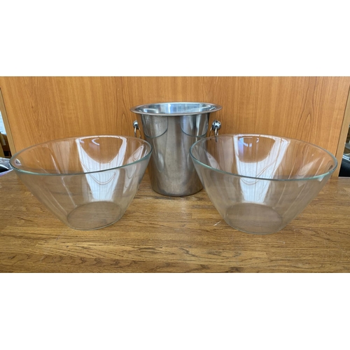 104 - x2 Clear Glass Cone Shaped Bowls Together with Stainless Steel Wine Bucket/Chiller