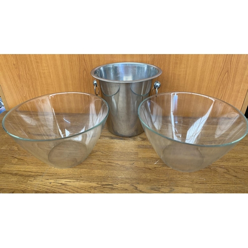 104 - x2 Clear Glass Cone Shaped Bowls Together with Stainless Steel Wine Bucket/Chiller