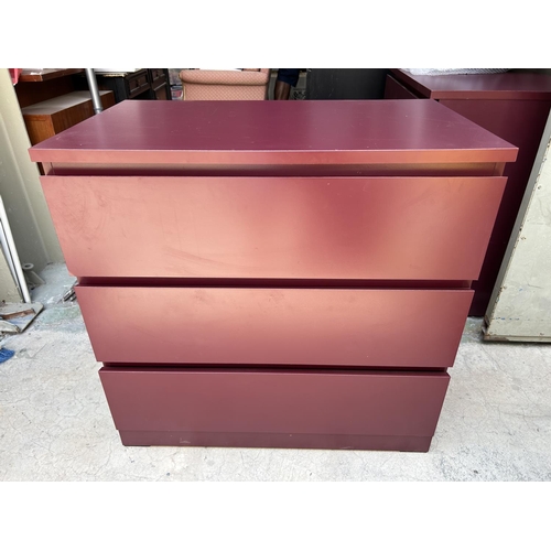 179 - Wooden Red Chest of 3 Drawers (80 W. x 48 D. x 78cm H.)