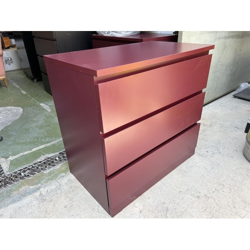 179 - Wooden Red Chest of 3 Drawers (80 W. x 48 D. x 78cm H.)