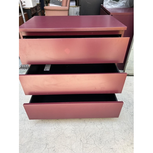 179 - Wooden Red Chest of 3 Drawers (80 W. x 48 D. x 78cm H.)