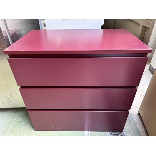 180 - Wooden Red Chest of 3 Drawers (80 W. x 48 D. x 78cm H.)