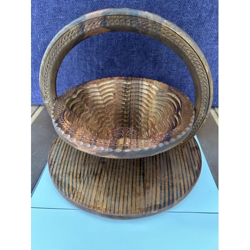 140 - Vintage Hand Carved Collapsible Folding Wood Basket with Handle Bowl Floral