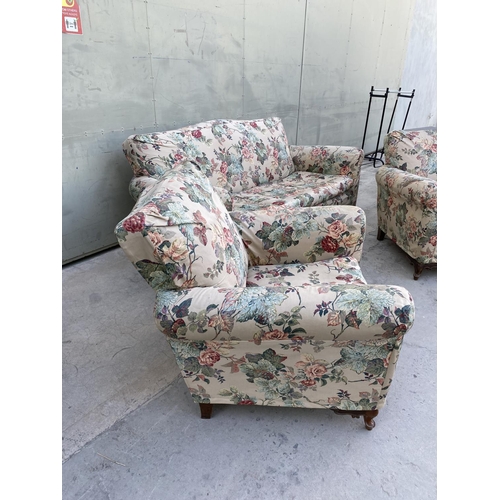 590 - Vintage 1960's 3-Seat Sofa and 2 Relax Armchairs with Flower Fabric Cover and Curved Wooden Legs