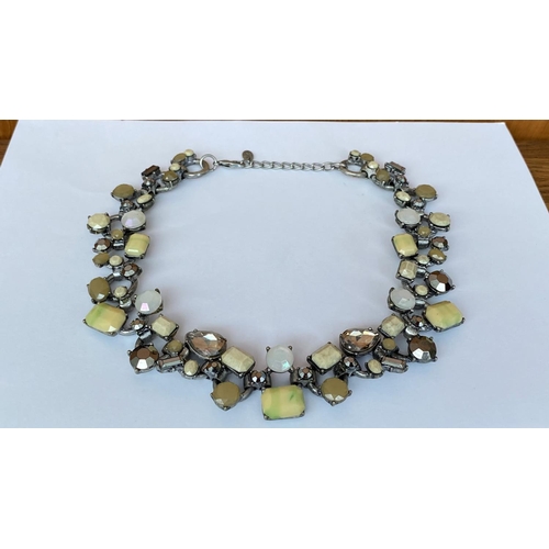 130 - Zara Chunky Statement Necklace Antique Silver Tone with Gray Cream and White Beads