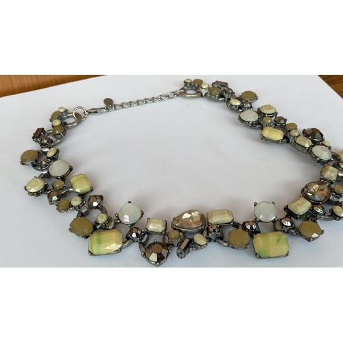 130 - Zara Chunky Statement Necklace Antique Silver Tone with Gray Cream and White Beads