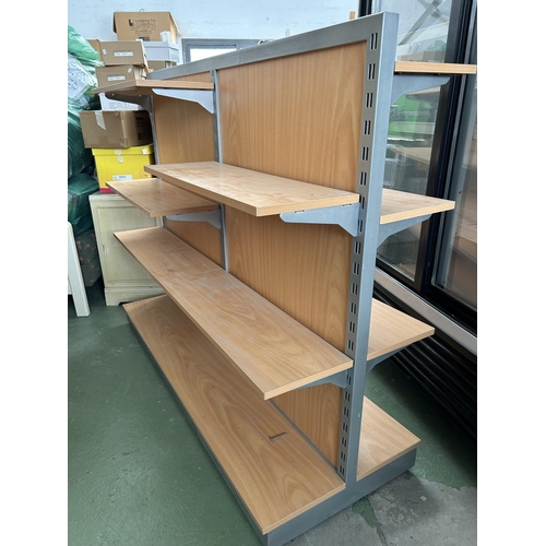 249 - Metal Shelving Stand with 2-Sided Movable Wooden Shelves (150 W. x 124cm H.)