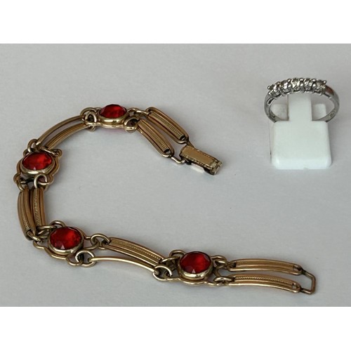 185 - Vintage 1/20 12k Gold Vermeil Red Glass Double Bar Bracelet Together with Silver Ring