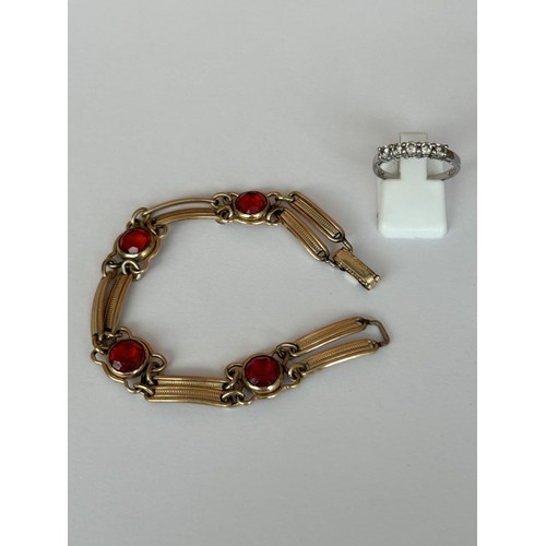 185 - Vintage 1/20 12k Gold Vermeil Red Glass Double Bar Bracelet Together with Silver Ring