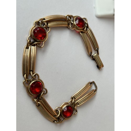 185 - Vintage 1/20 12k Gold Vermeil Red Glass Double Bar Bracelet Together with Silver Ring