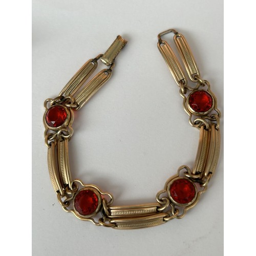 185 - Vintage 1/20 12k Gold Vermeil Red Glass Double Bar Bracelet Together with Silver Ring