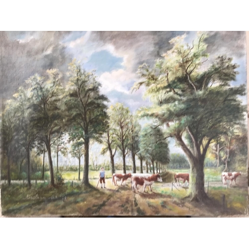 603 - 'Nicolaas Sept 79' Oil on Canvas Painting Depicting Countryside with Shepherd and Herd