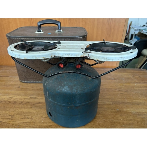 609 - Vintage Czechoslovakian Metal and Enamel Camping Gaz Stove in Leather Case