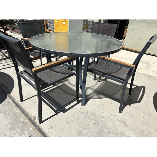 2 - Large Glass Top Aluminium Circular Garden Table with 4 Grey Black Textilene Pollywood Aluminium Stac... 