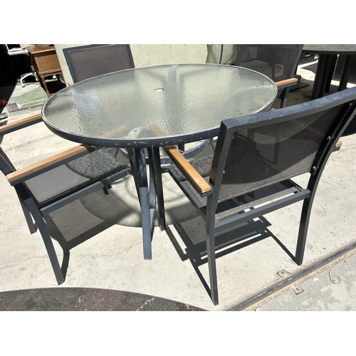 2 - Large Glass Top Aluminium Circular Garden Table with 4 Grey Black Textilene Pollywood Aluminium Stac... 