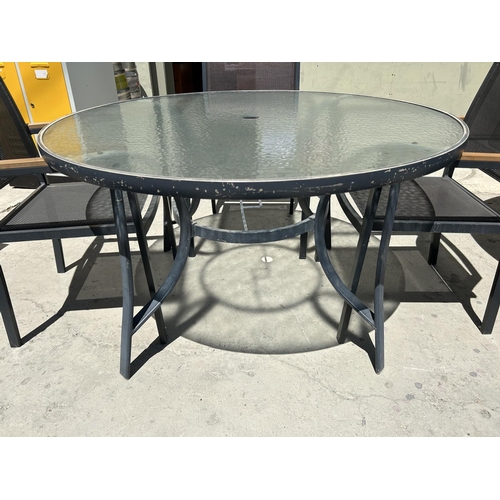 2 - Large Glass Top Aluminium Circular Garden Table with 4 Grey Black Textilene Pollywood Aluminium Stac... 