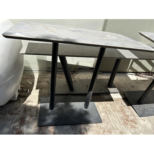 377 - Tall Twin Pedestal Metal Marble Like Top Rectangular Garden/Commercial Table (130 W. x 60 D. x 80cm ... 