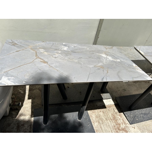 377 - Tall Twin Pedestal Metal Marble Like Top Rectangular Garden/Commercial Table (130 W. x 60 D. x 80cm ... 