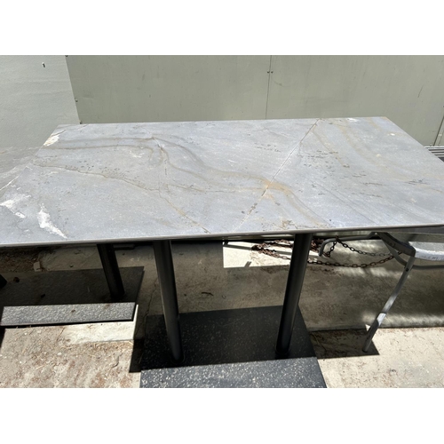 378 - Tall Twin Pedestal Metal Marble Like Top Rectangular Garden/Commercial Table (130 W. x 60 D. x 80cm ... 