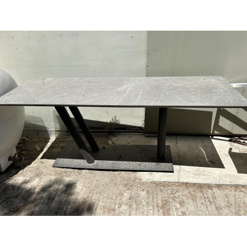 389 - Tri-Pedestal Metal Marble Like Top Rectangular Garden/Commercial Table (190 W. x 65 D. x 76cm H.)