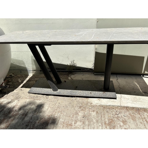 389 - Tri-Pedestal Metal Marble Like Top Rectangular Garden/Commercial Table (190 W. x 65 D. x 76cm H.)