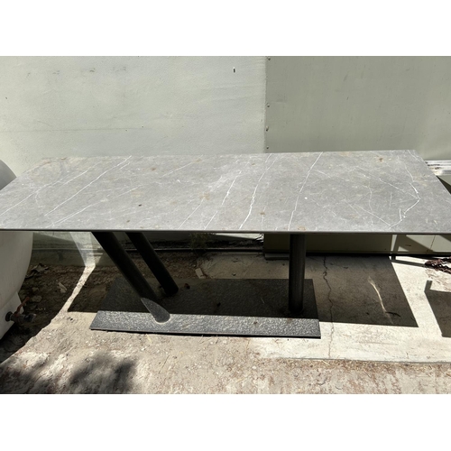 389 - Tri-Pedestal Metal Marble Like Top Rectangular Garden/Commercial Table (190 W. x 65 D. x 76cm H.)