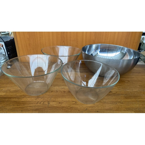 77 - 'Ikea' Heavy Duty Large Stainless Steel Mixing Bowl with 3 Clear Glass Serving Bowls