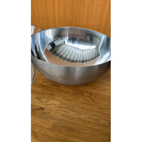 77 - 'Ikea' Heavy Duty Large Stainless Steel Mixing Bowl with 3 Clear Glass Serving Bowls