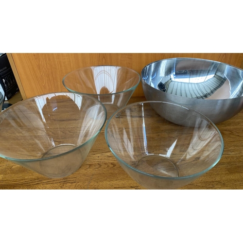 77 - 'Ikea' Heavy Duty Large Stainless Steel Mixing Bowl with 3 Clear Glass Serving Bowls