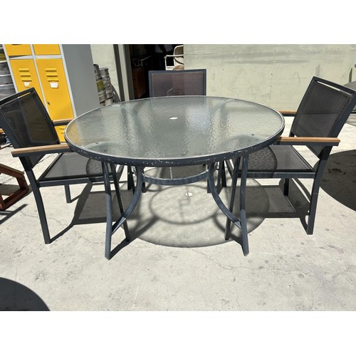 51 - Large Glass Top Aluminium Circular Garden Table with 3 Grey Black Textilene Pollywood Aluminium Stac... 