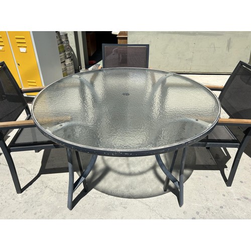 51 - Large Glass Top Aluminium Circular Garden Table with 3 Grey Black Textilene Pollywood Aluminium Stac... 