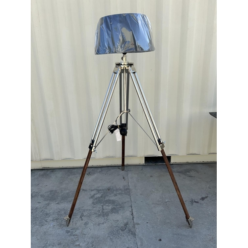 44 - Chrome and Wood Floor Standing Folding Height Adjustable Tripod Designer Lamp