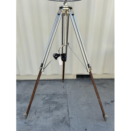 44 - Chrome and Wood Floor Standing Folding Height Adjustable Tripod Designer Lamp