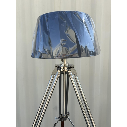 44 - Chrome and Wood Floor Standing Folding Height Adjustable Tripod Designer Lamp