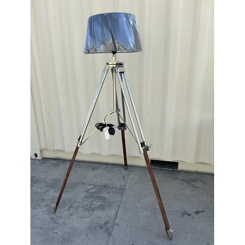 44 - Chrome and Wood Floor Standing Folding Height Adjustable Tripod Designer Lamp