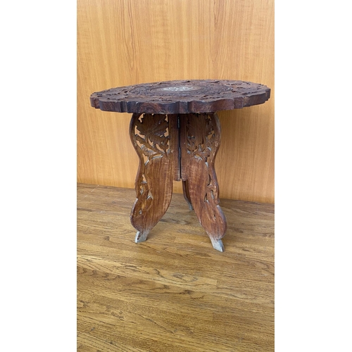 13 - Small Carved Wood Folding Circular Side Table (38cm Diameter, 38cm H.)