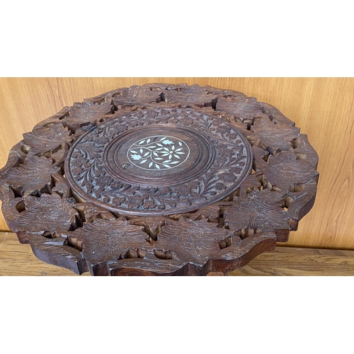 13 - Small Carved Wood Folding Circular Side Table (38cm Diameter, 38cm H.)